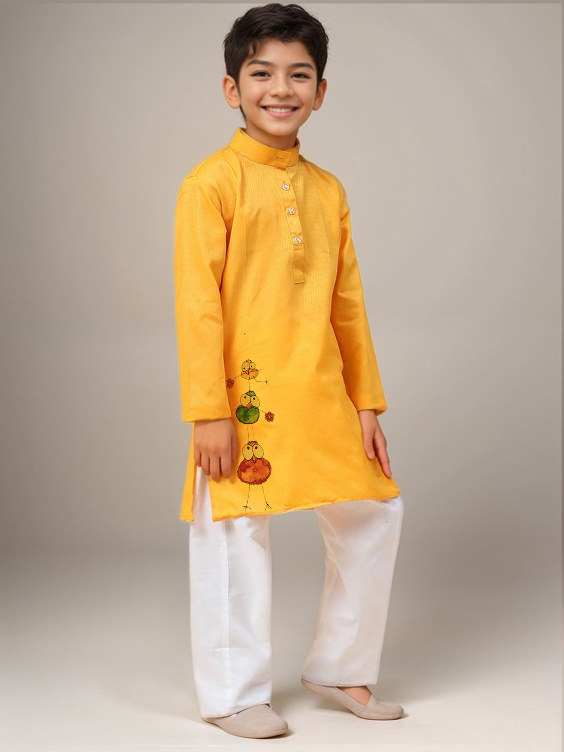 Boys Yellow Printed Kurta with Pyjama Set