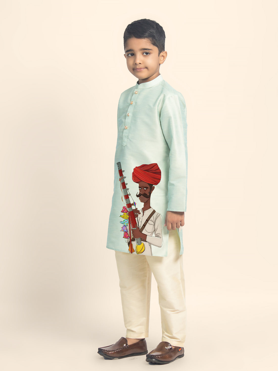 Boys Green Printed Kurta with Beige Pyjama Set