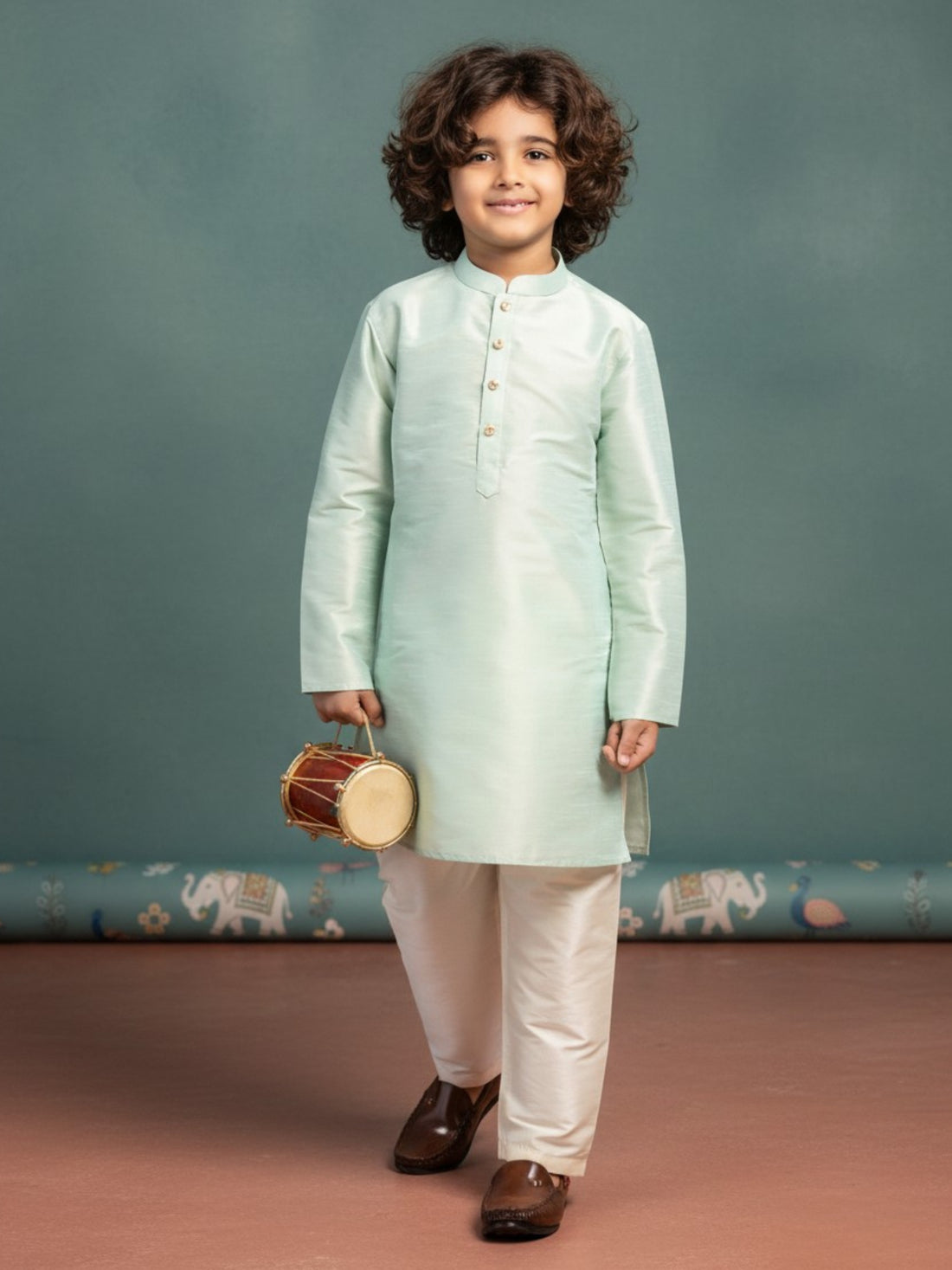 [DBKS-DP] Boy's Green Solid Art Silk kurta Set