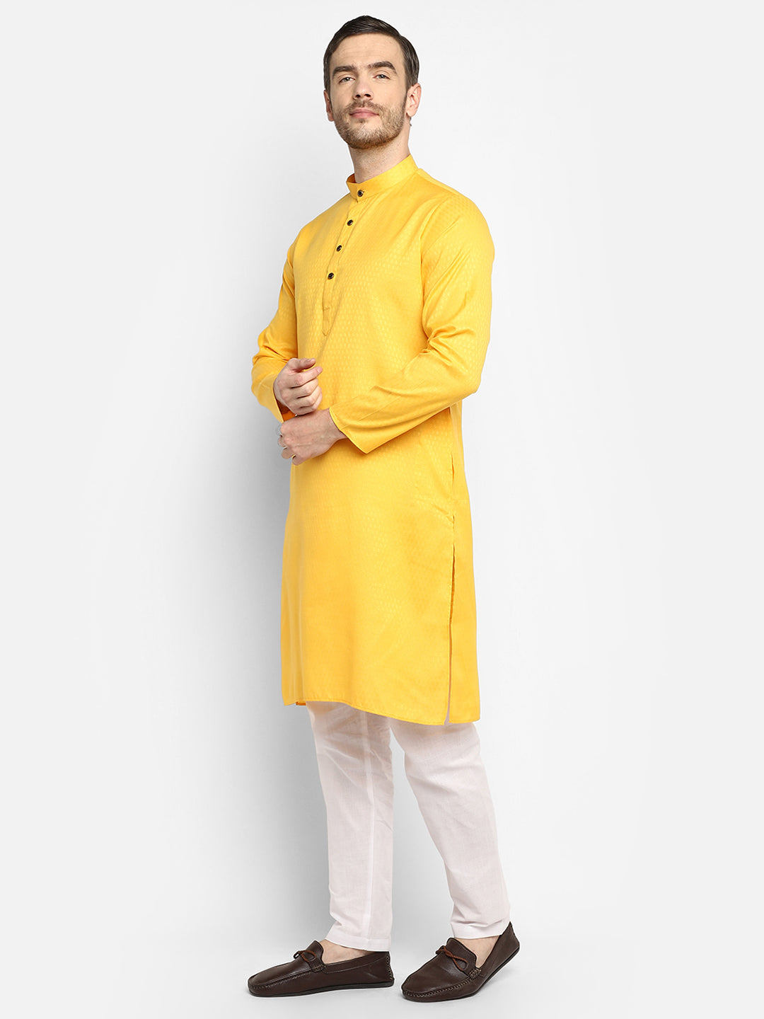 [SH] Men's Yellow Self Design Cotton Kurta Set