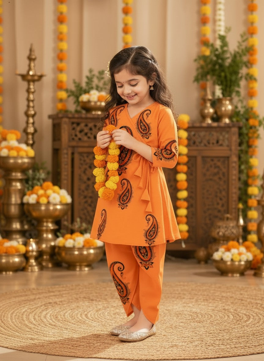 Girls' Orange Cotton Kurti with Tulip pant Set – Printed