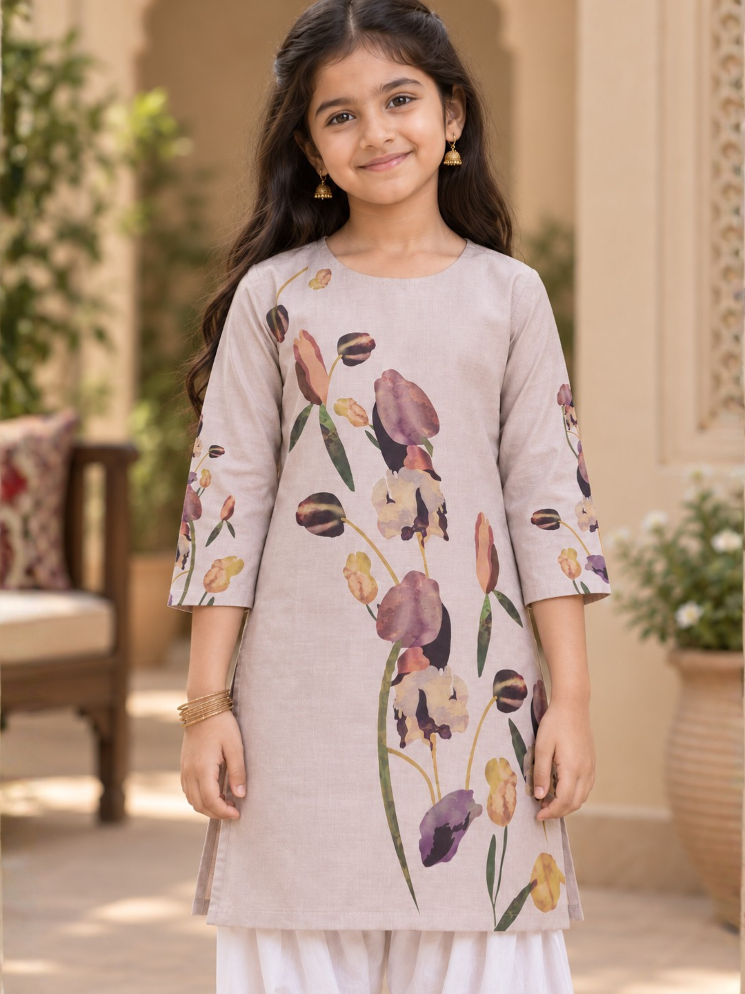 Girls' Beige Cotton Kurti Set – Ethnic Print