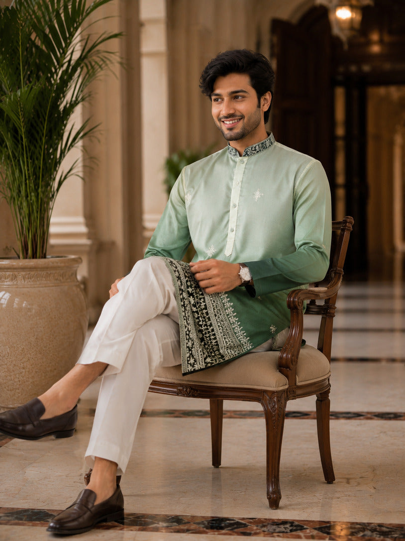 [NW] Men's Green Embroidered Cotton Silk Kurta Set