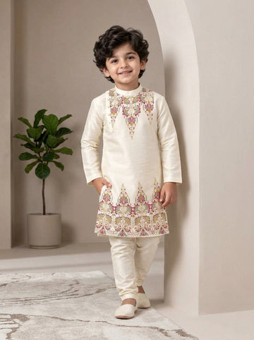 Boy's Off-White Art Silk Kurta Pyjama Set – Ethnic Print & Side Placket