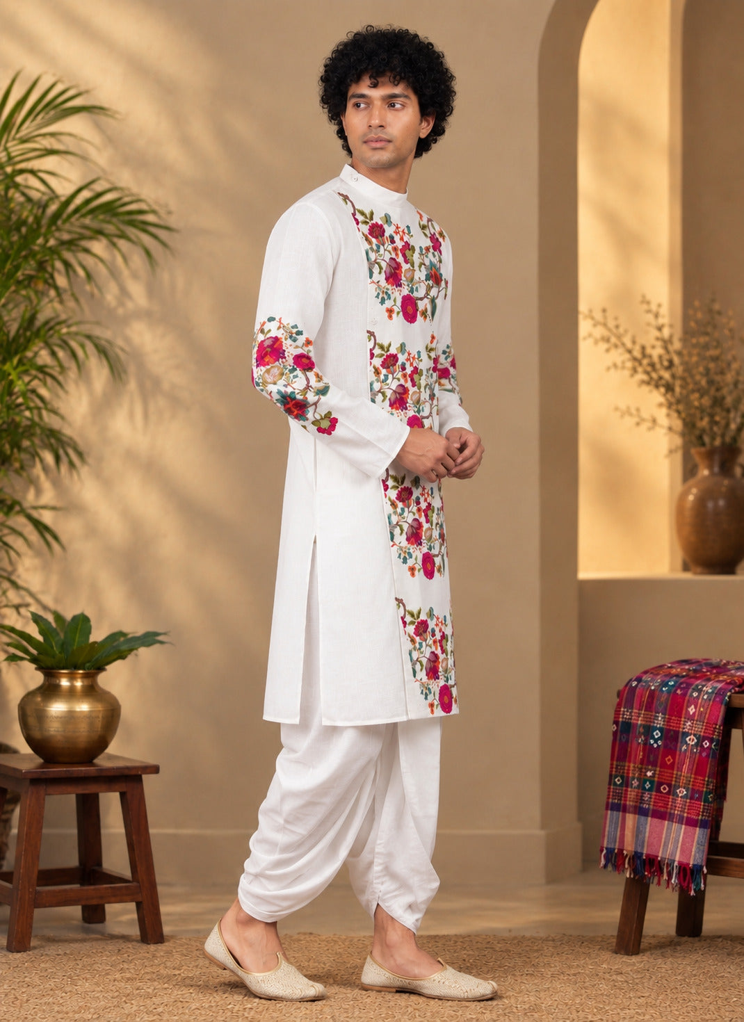 Men's White Cotton Kurta with Dhoti Set – Ethnic Print & Side Placket