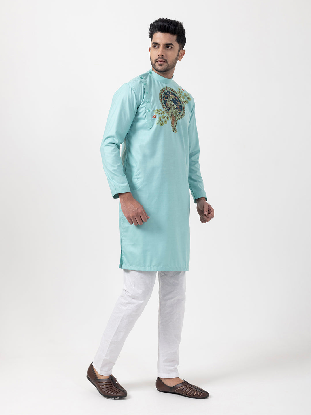 [MGSP-B] Men's Green Ethnic Print Side Placket Cotton Kurta Set