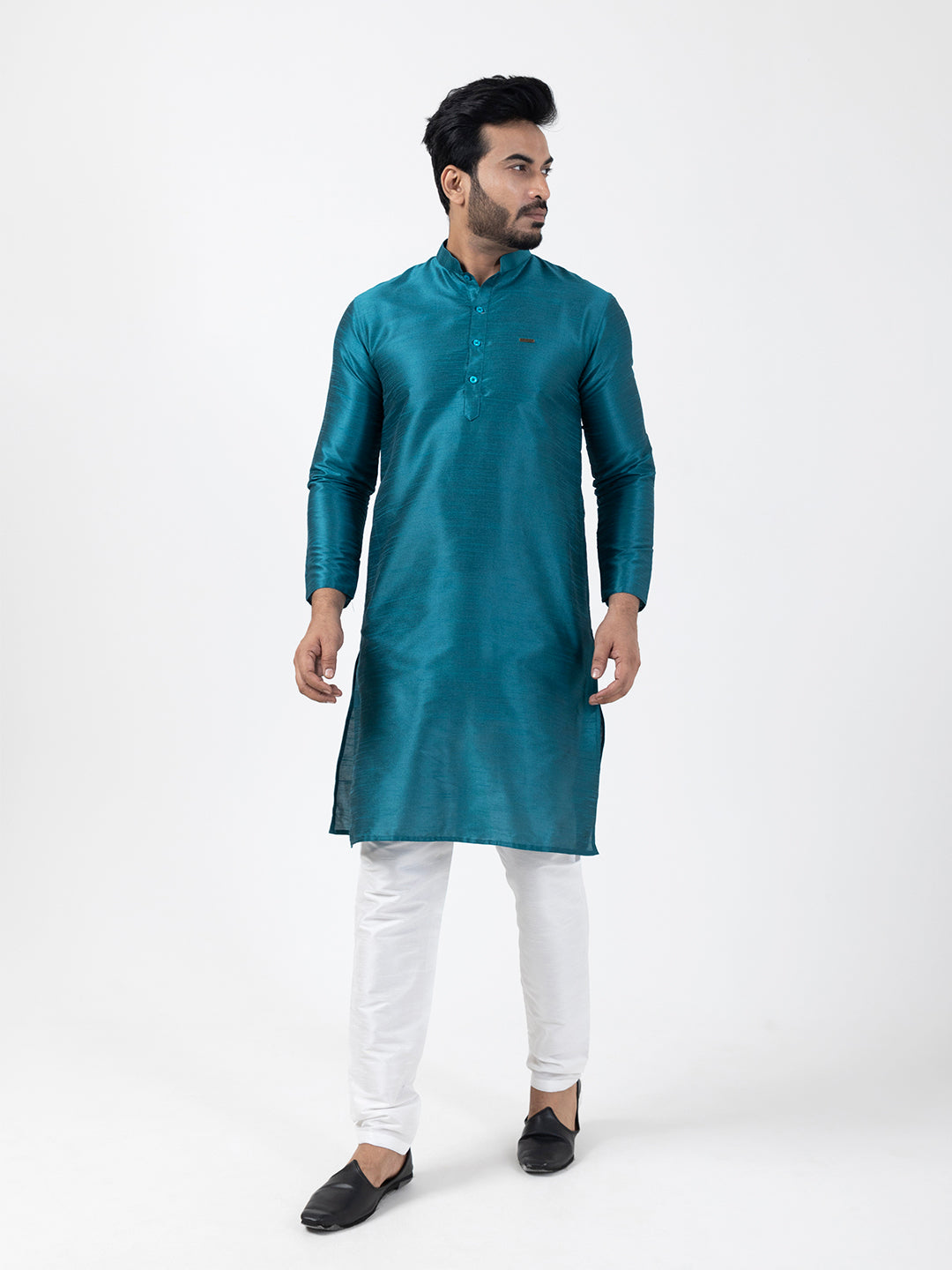 Woven Design Band Collar Dupion Silk Straight Kurta With Pyjama Set