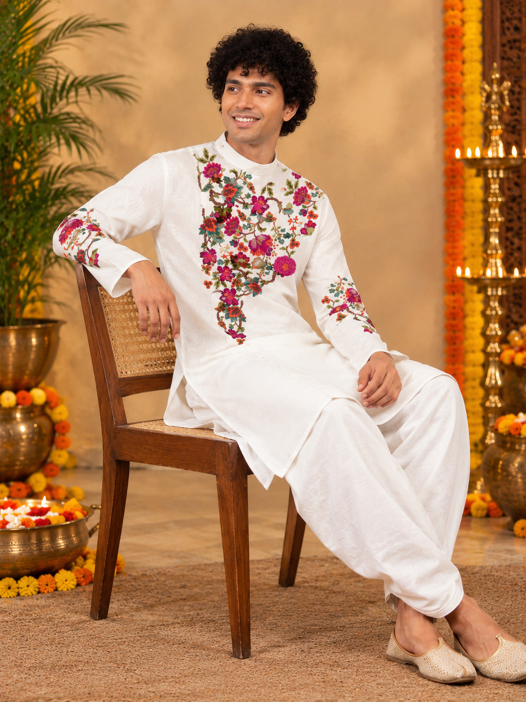 Men's White Cotton Kurta with Dhoti Set – Ethnic Print & Side Placket