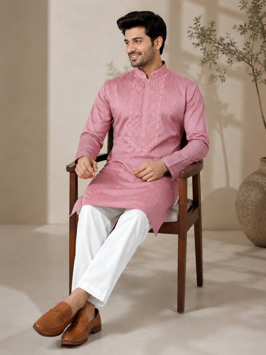 [NW] Men's Pink Embroidered Cotton Silk Kurta Set