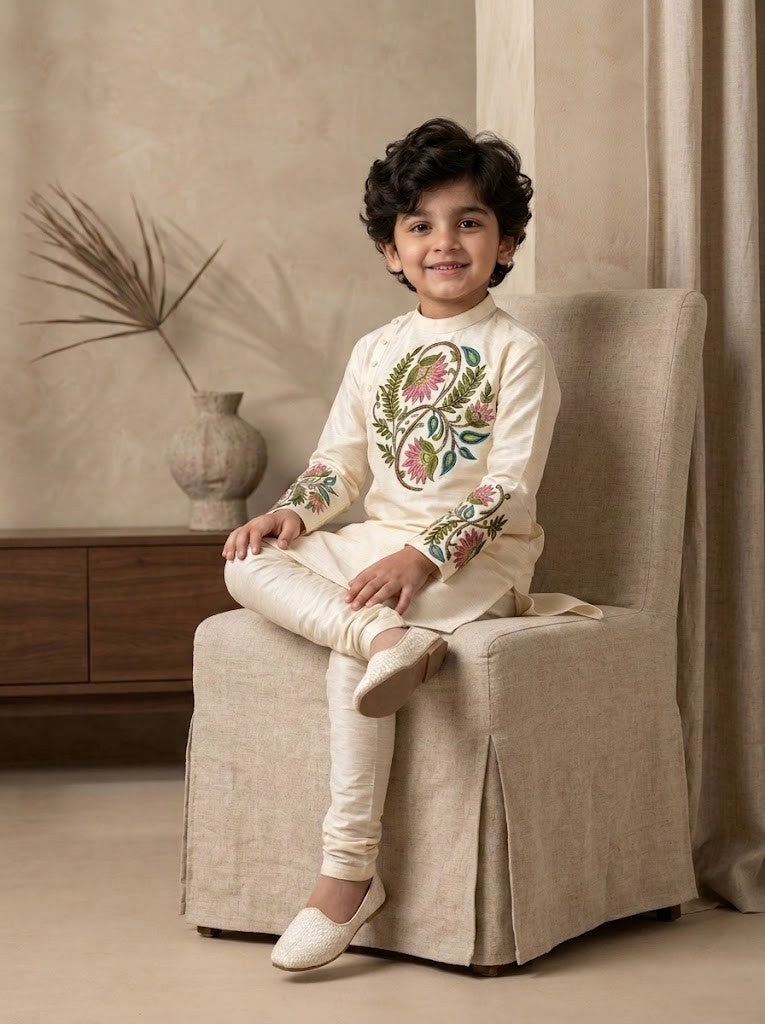 Boy's Off-White Art Silk Kurta Pyjama Set – Ethnic Print & Side Placket