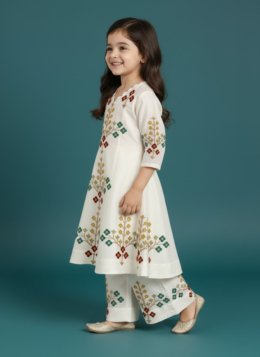 Girls' Off-White Art Silk Kurti Palazzo Set – Printed