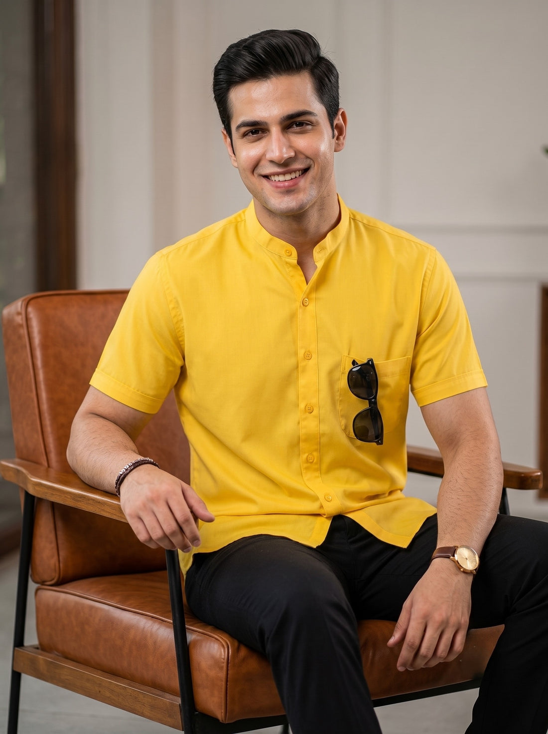 [DS-C-MG] Men's Yellow chinese collar Cotton Shirt