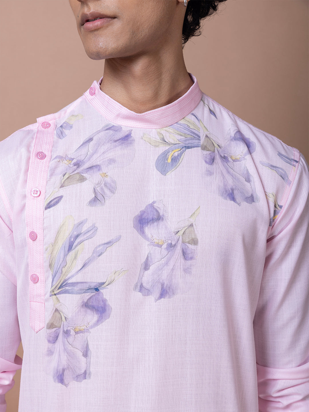 Mens Pink Printed Kurta With Pyjama Set