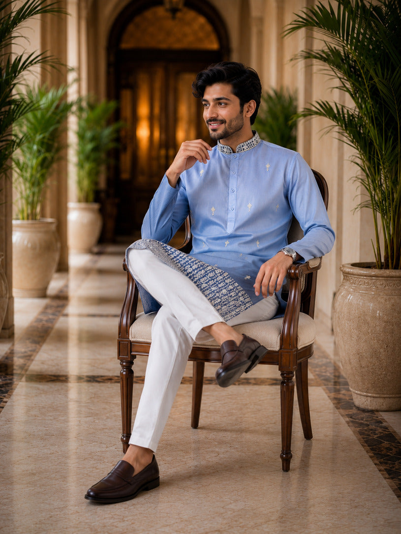 [NW] Men's Blue Embroidered Cotton Silk Kurta Set