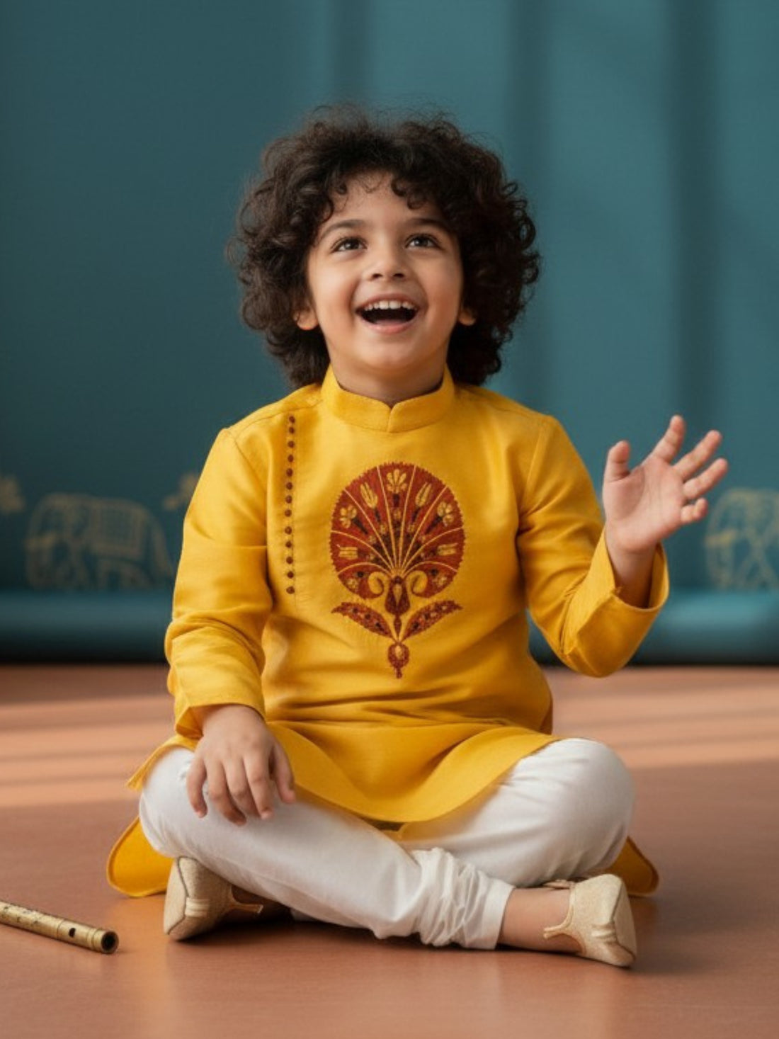 [DBKS-DPSP-B] Boy's Yellow Ethnic motifs Print Art Silk kurta Set