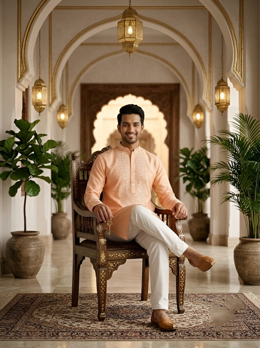 [NW] Men's Peach Embroidered Cotton Silk Kurta Set