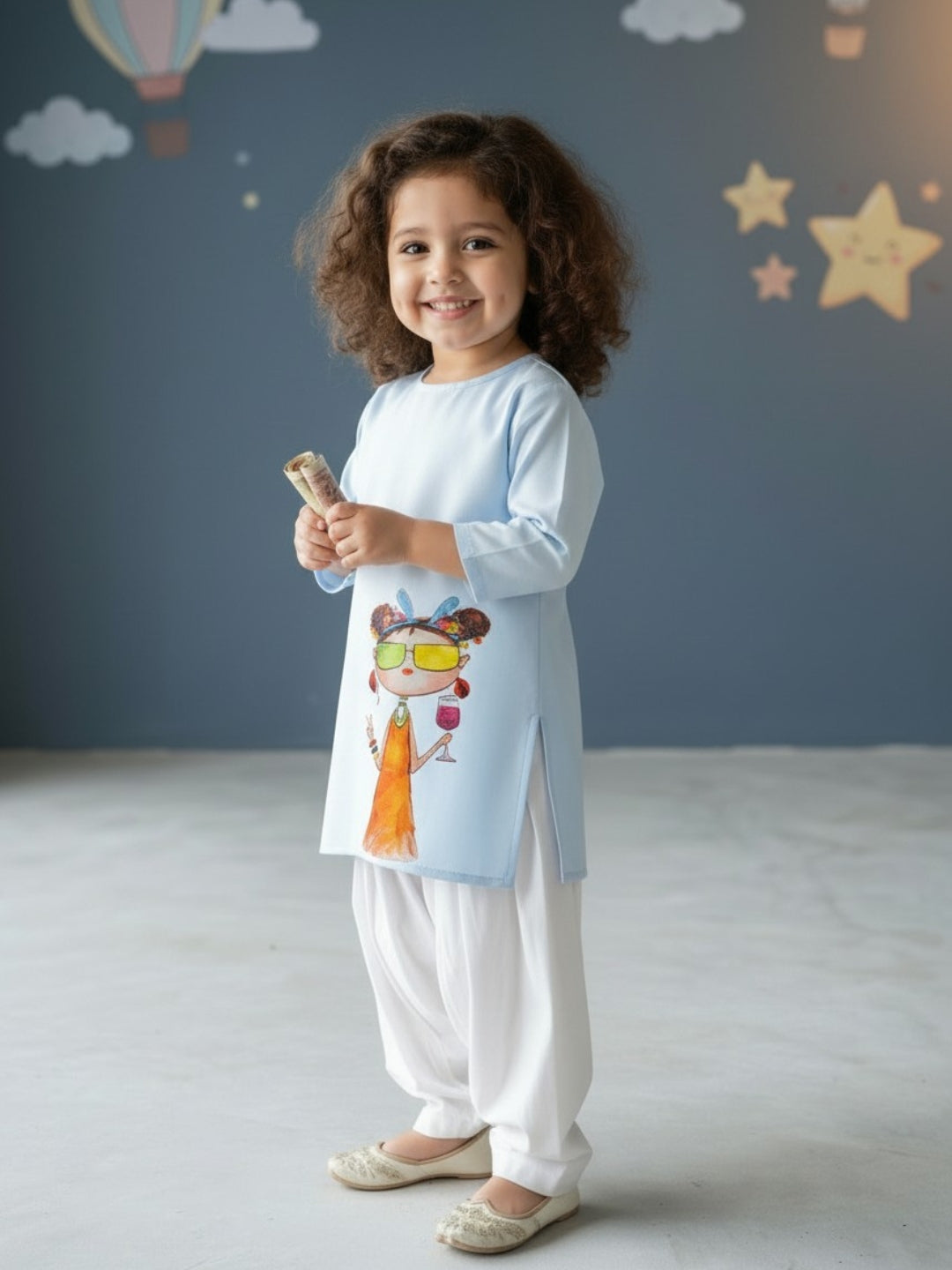 [DGKS-MGSP-RN] Girls Sky Blue Ethnic Motifs Printed Cotton Kurti Set