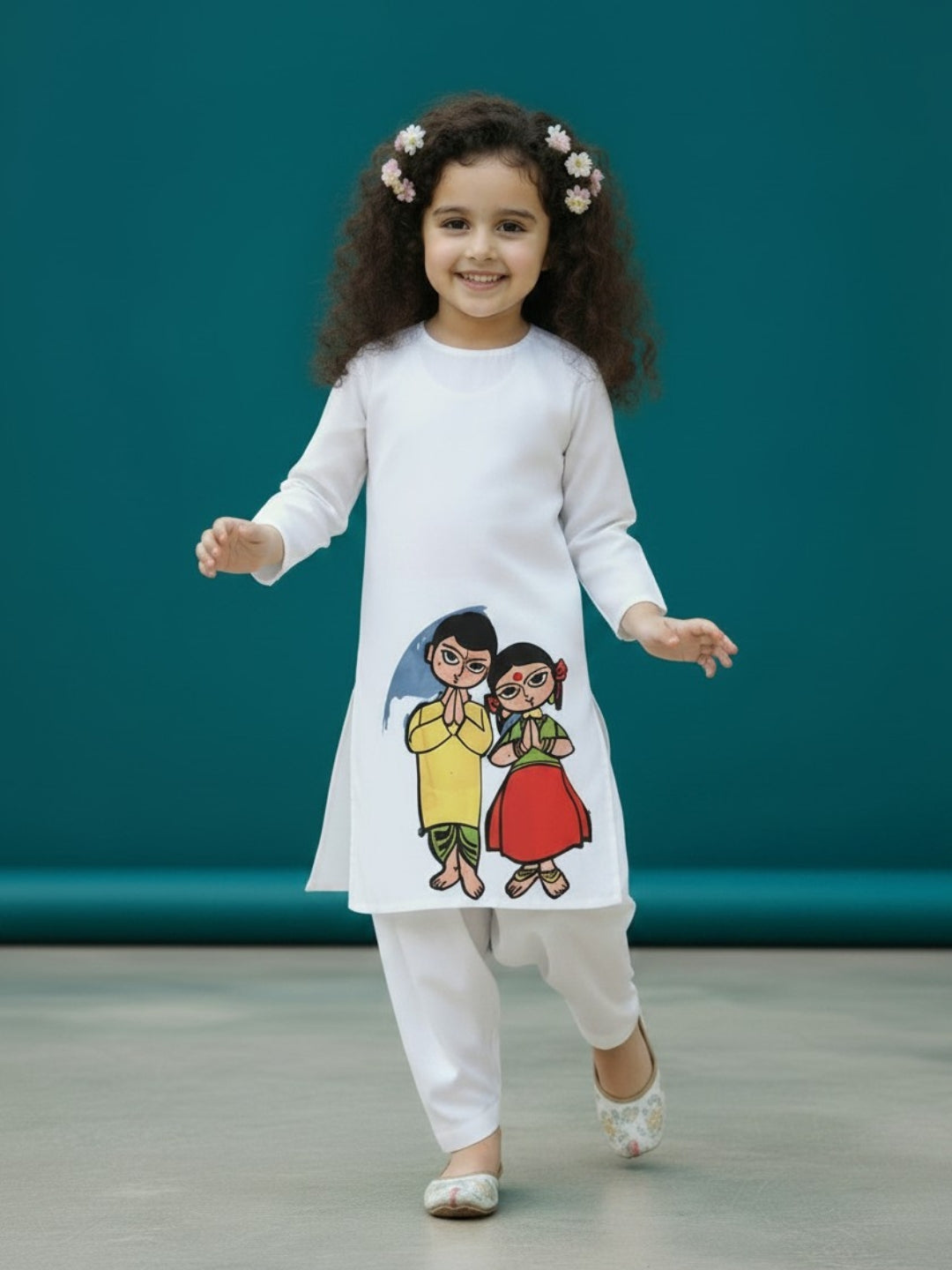 [DGKS-MGSP-RN] Girls White Ethnic Motifs Printed Cotton Kurti Set