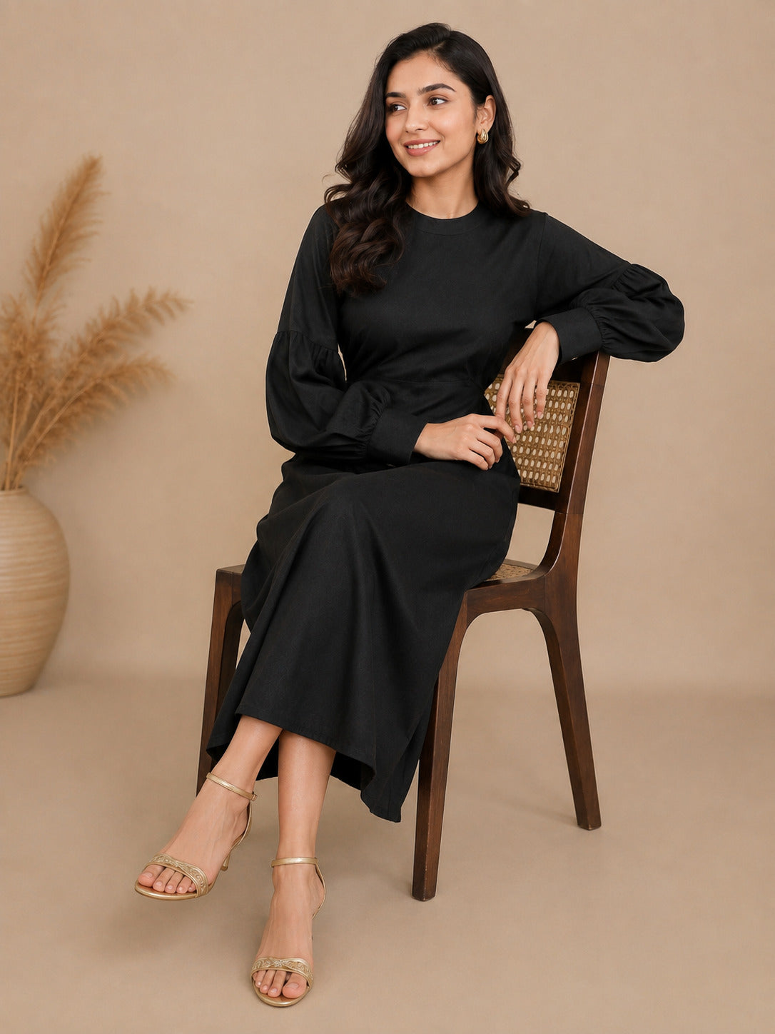 Women's Black Cotton Linen Midi Dress – Long Puff Sleeves