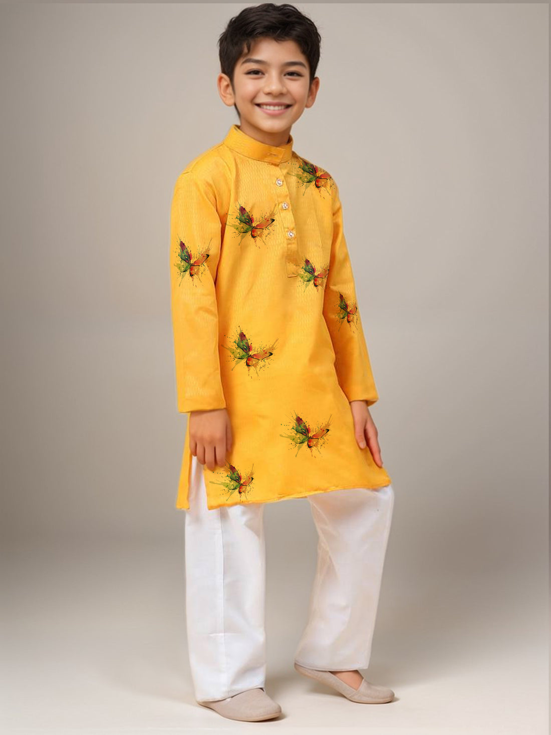 Boys Yellow Printed Kurta with Pyjama Set