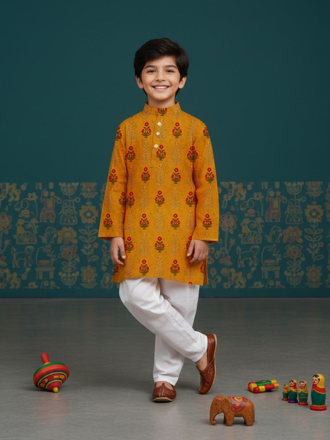 [DBKS-MGAO] Boy's Yellow Ethnic motifs Printed cotton kurta Set