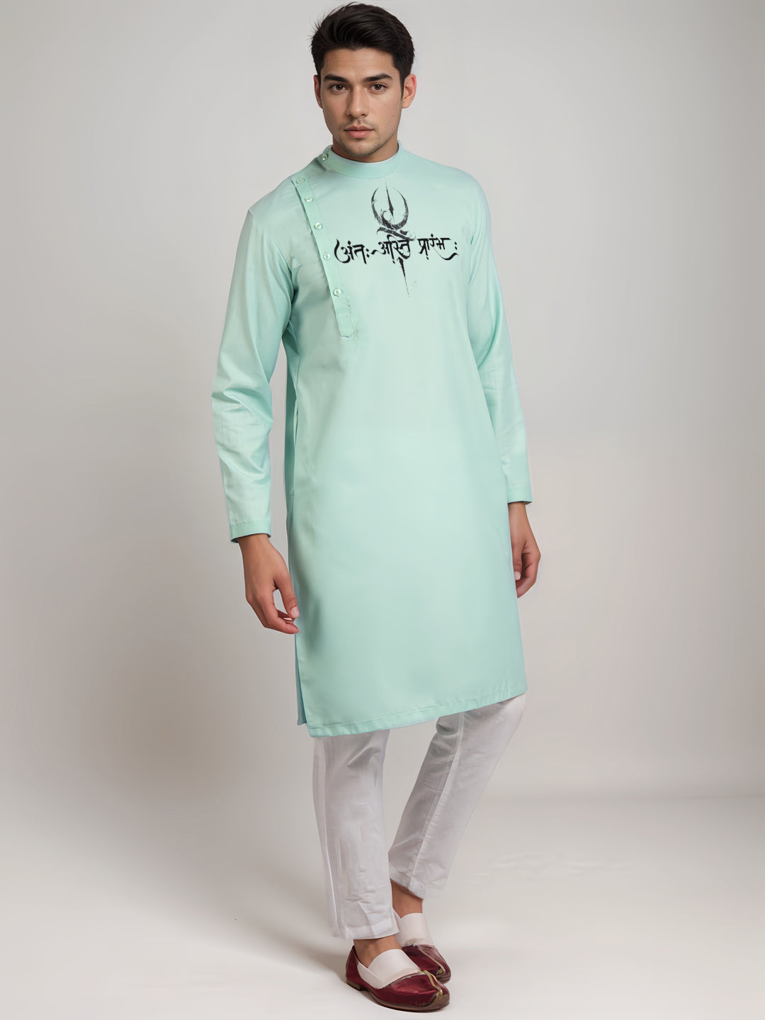 [MGSP-B] Men's Green Ethnic Print Side Placket Cotton Kurta Set