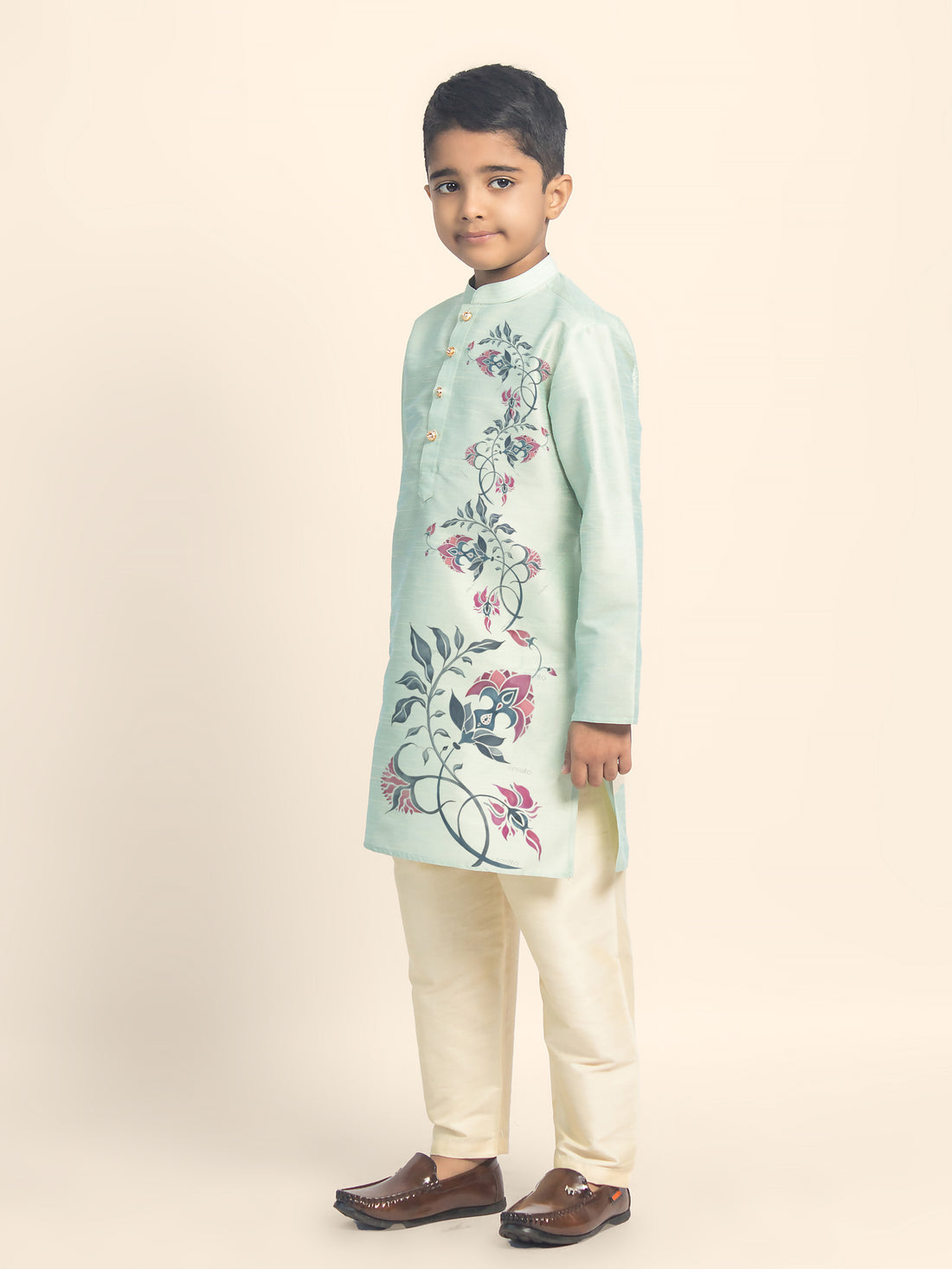Boys Green Printed Kurta with Beige Pyjama Set