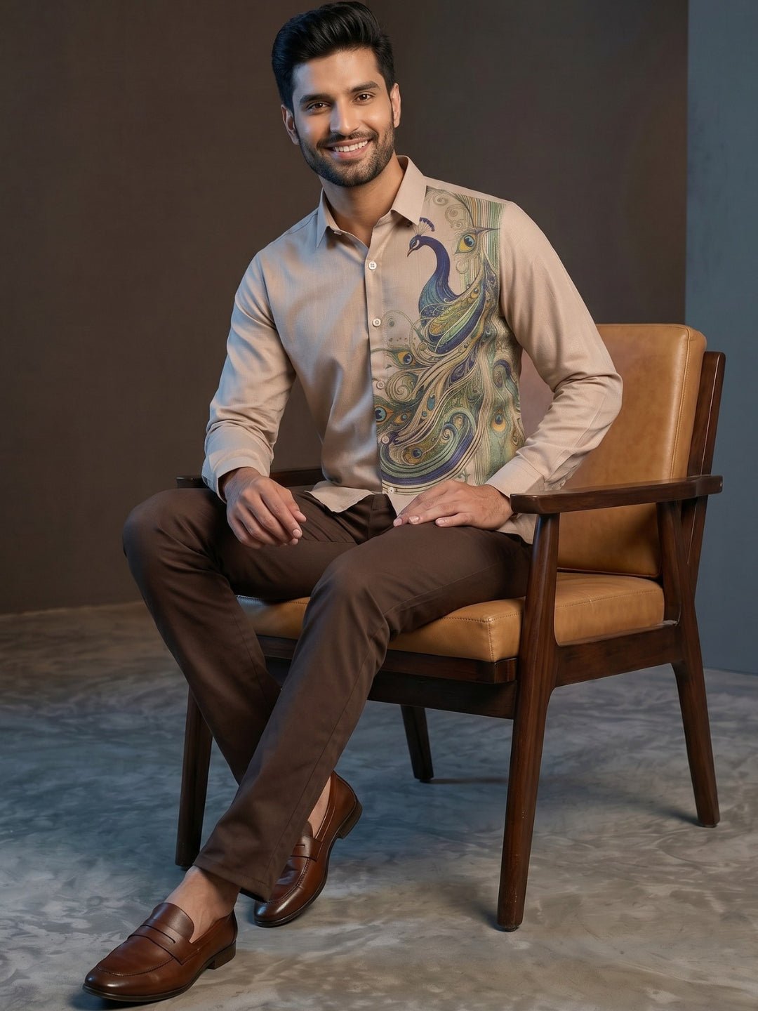 [DS-MGSP] Men's Beige Ethnic Printed Cotton Shirt