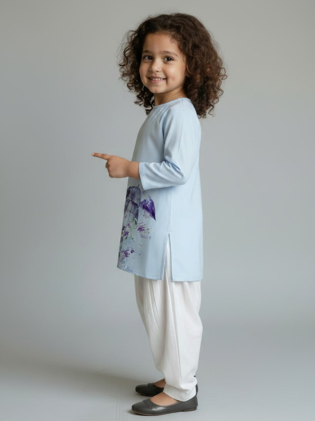 [DGKS-MGSP-RN] Girls Sky Blue Ethnic Motifs Printed Cotton Kurti Set