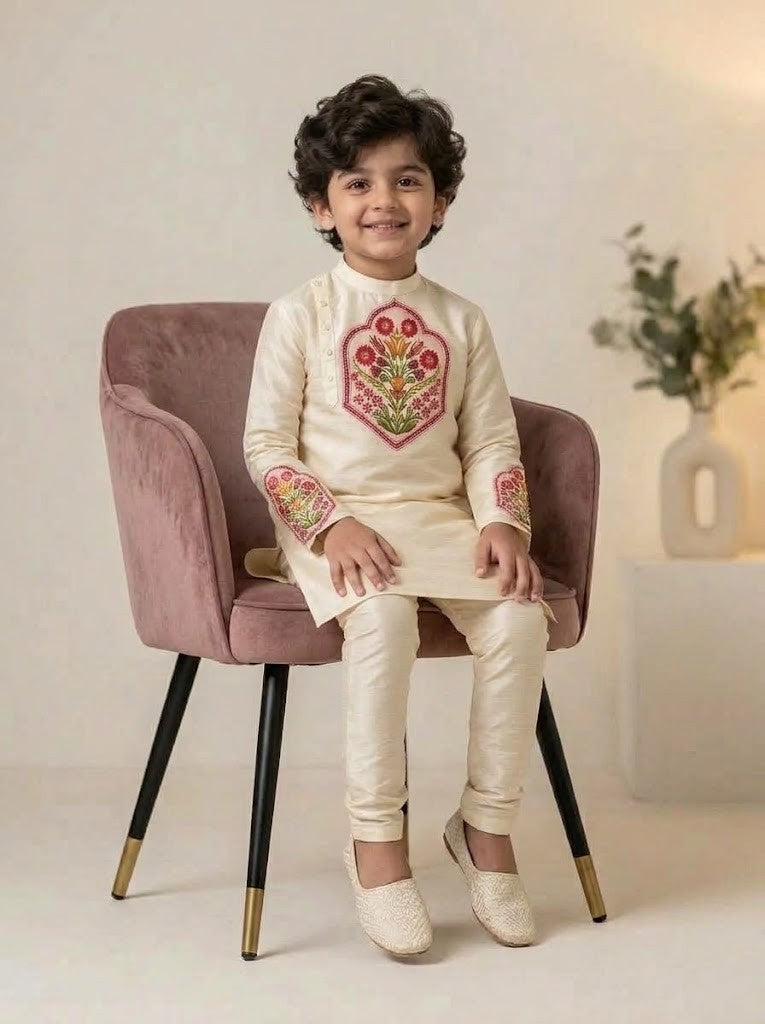 Boy's Off-White Art Silk Kurta Pyjama Set – Ethnic Print & Side Placket