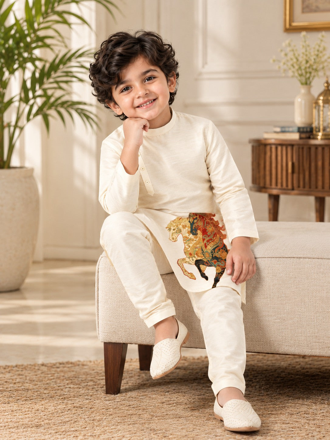 Boy's Off-White Art Silk Kurta Pyjama Set – Ethnic Print & Side Placket