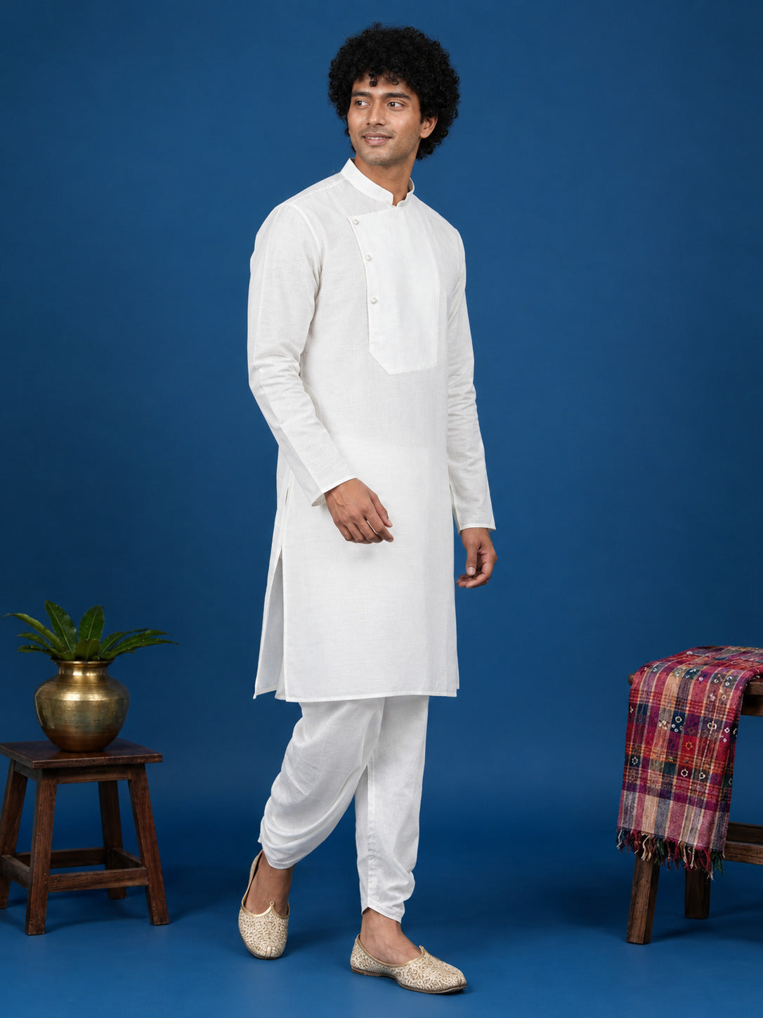 Men's White Cotton Kurta with Dhoti Set – Solid & Side Placket