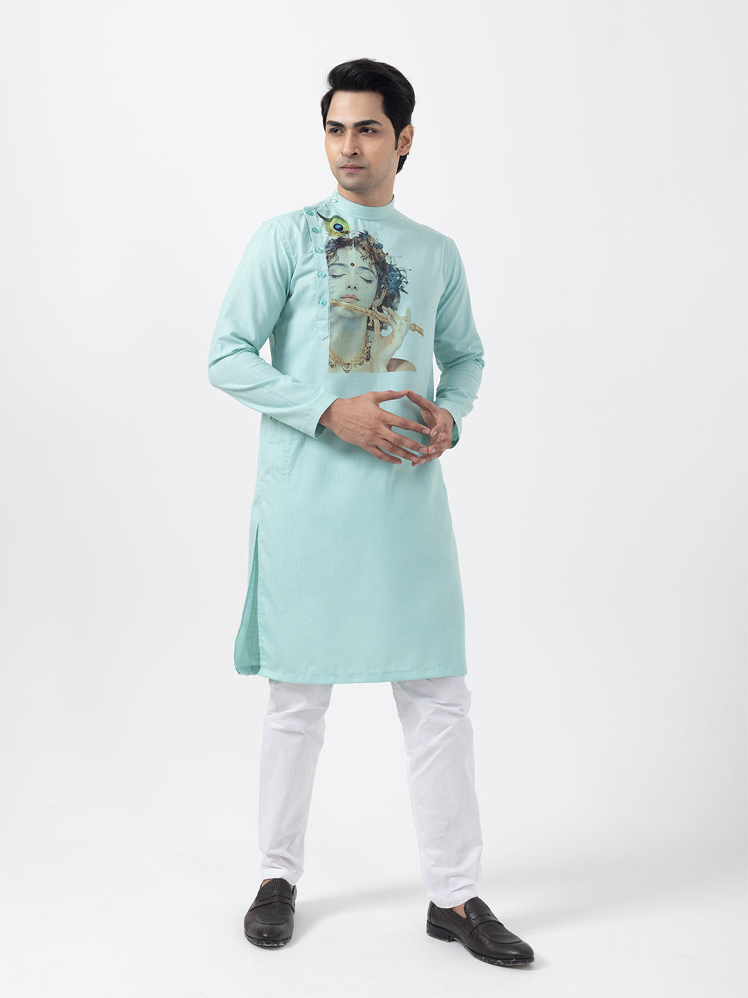 [MGSP-B] Men's Green Lord Krishna Print Side Placket Cotton Kurta Set