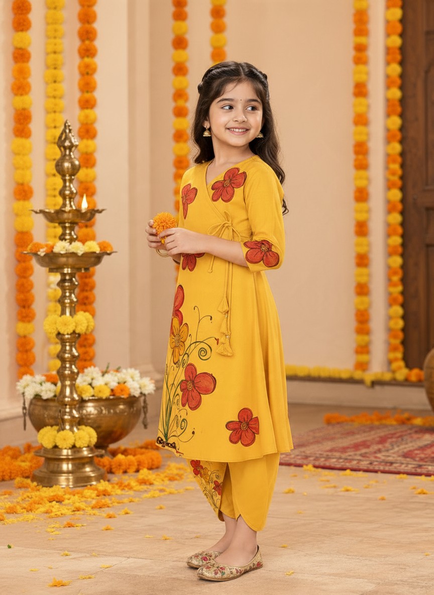 Girls' Mustard Cotton Kurti with Tulip pant Set – Printed