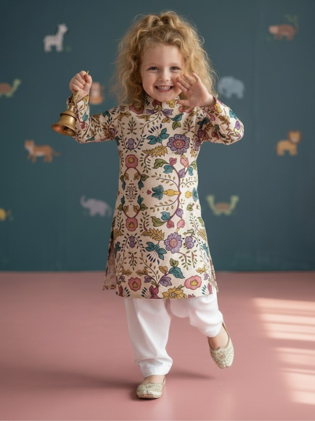 [DGKS-MGSP] Girls Beige Ethnic motifs Printed Cotton Kurti Set