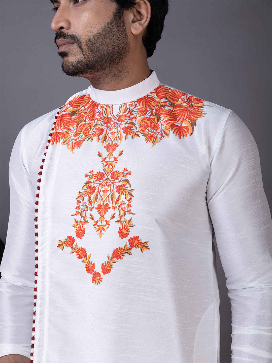 Men’s White Dupion Silk Kurta Pyjama with Ethnic Print
