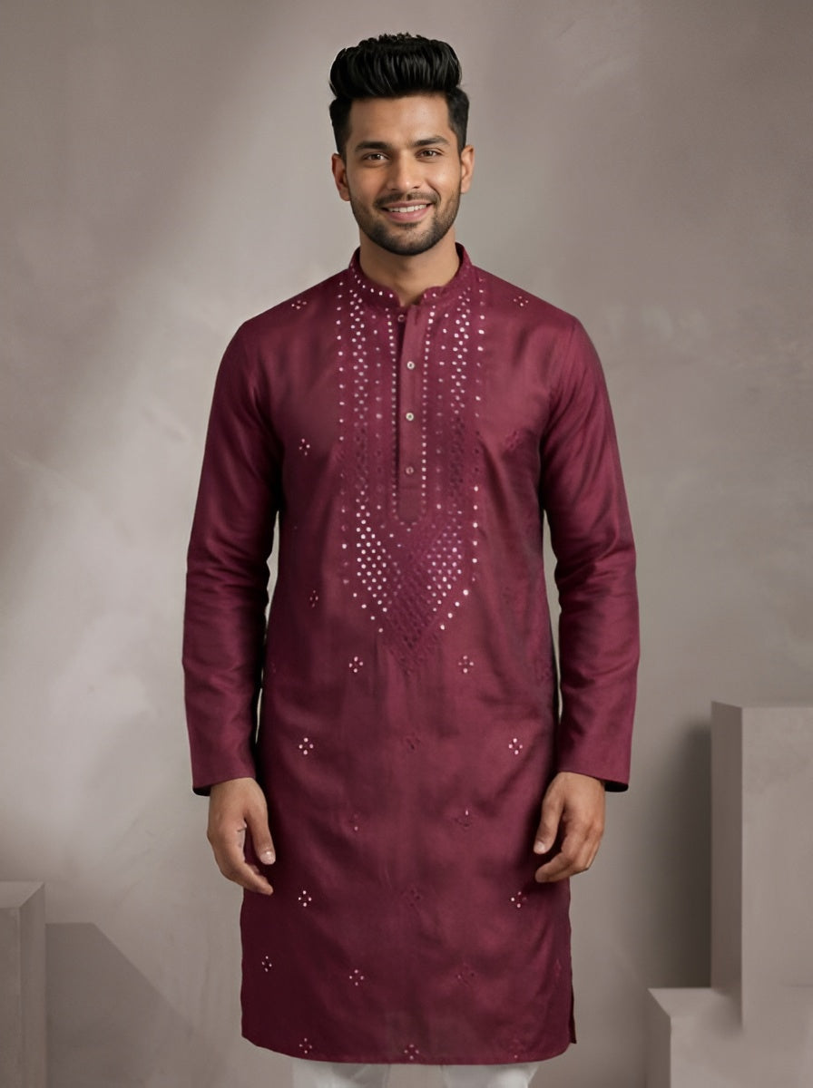[NW] Men's Maroon Embroidered Cotton Silk Kurta Set