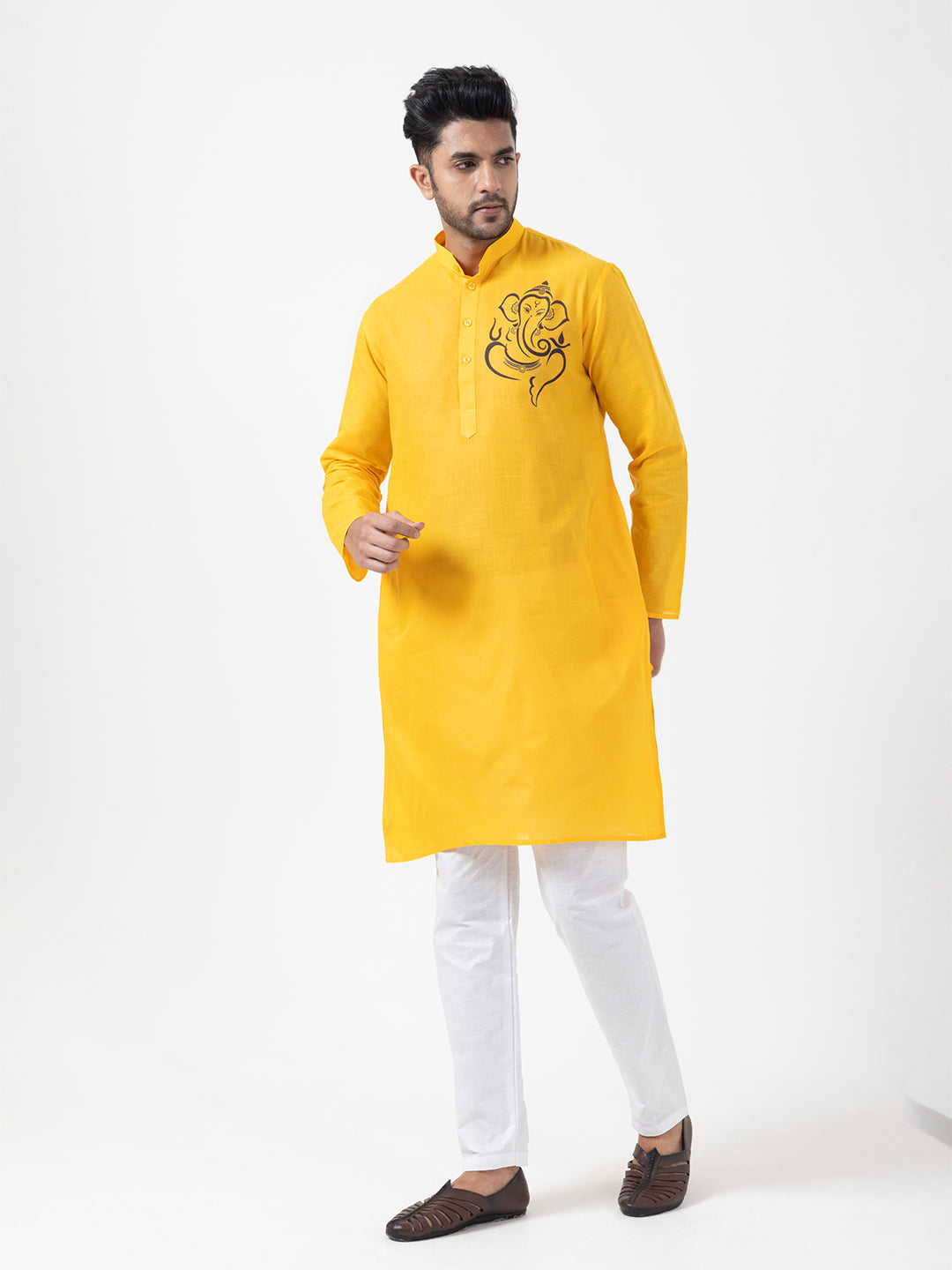 Mens Yellow Printed Kurta Pyjama Set