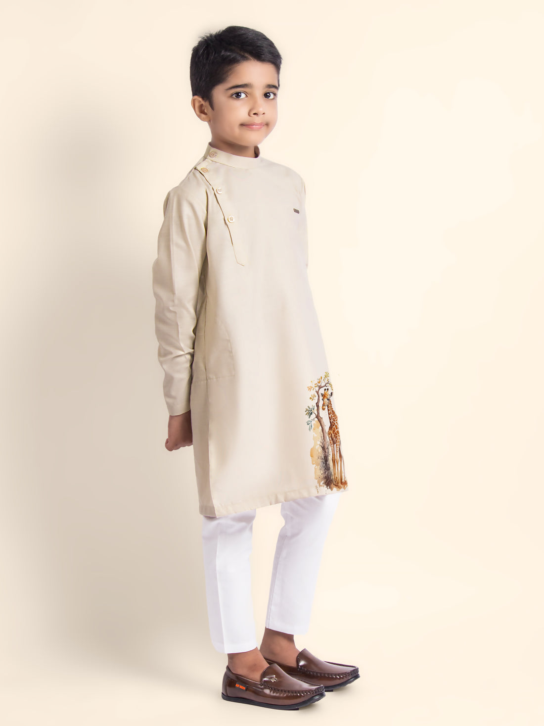 Boys Beige Printed Kurta With Pyjama