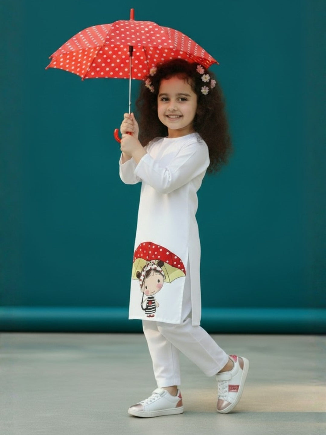 [DGKS-MGSP-RN] Girls White Ethnic Motifs Printed Cotton Kurti Set