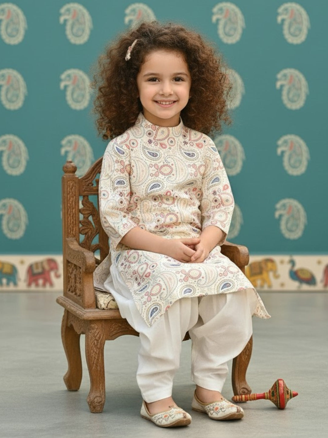 [DGKS-MGSP] Girls Beige Ethnic motifs Printed Cotton Kurti Set