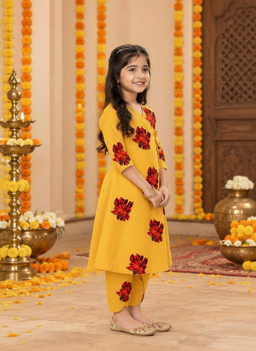 Girls' Mustard Cotton Kurti with Tulip pant Set – Printed