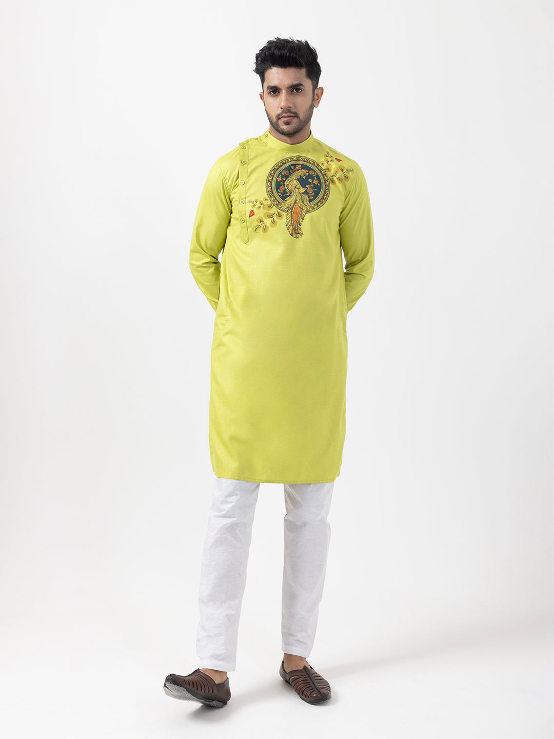 Mens Lime Green Side Placket Printed Kurta-Pyjama Set