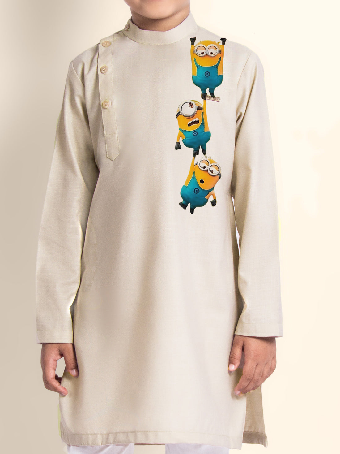 Boys Beige Printed Kurta With Pyjama