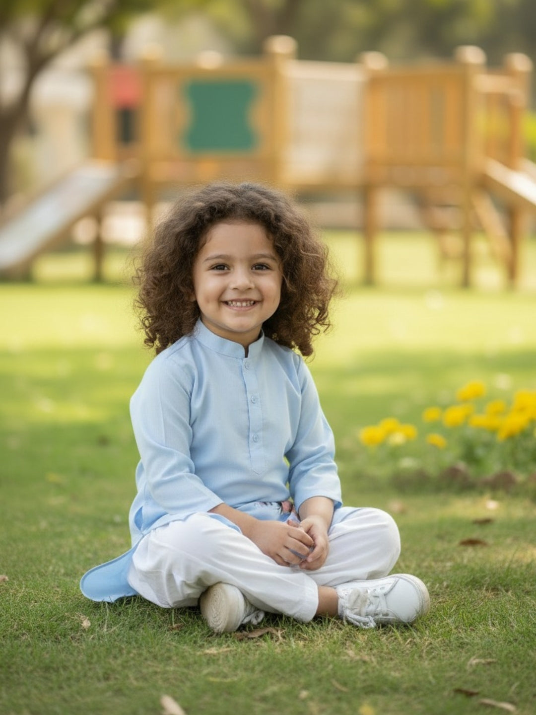 Girls' Sky Blue Cotton Kurti Set – Ethnic Print