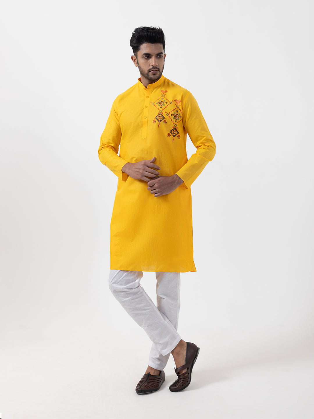 [CCSP] Men's Yellow Ethnic Print Cotton Kurta Set