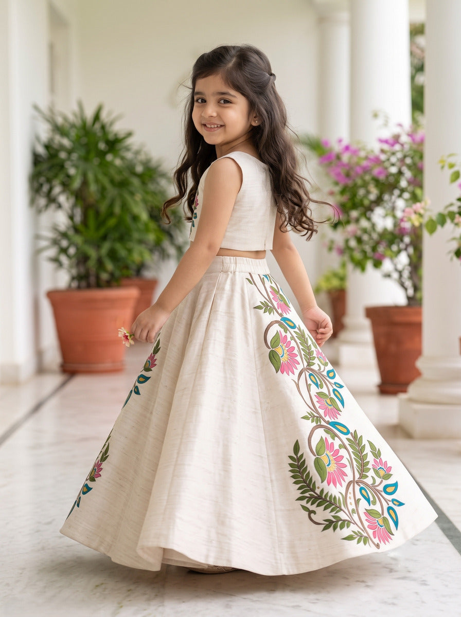Girls' Off-White Art Silk Lehenga Set – Printed