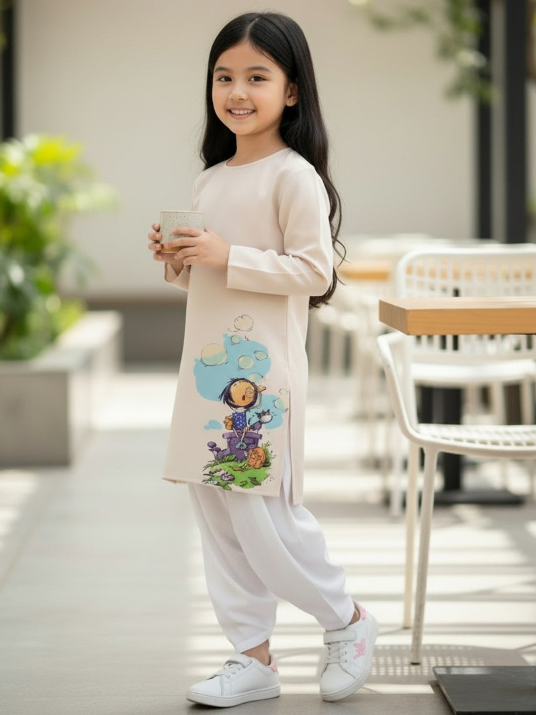 [DGKS-MGSP-RN] Girls Beige Ethnic Motifs Printed Cotton Kurti Set