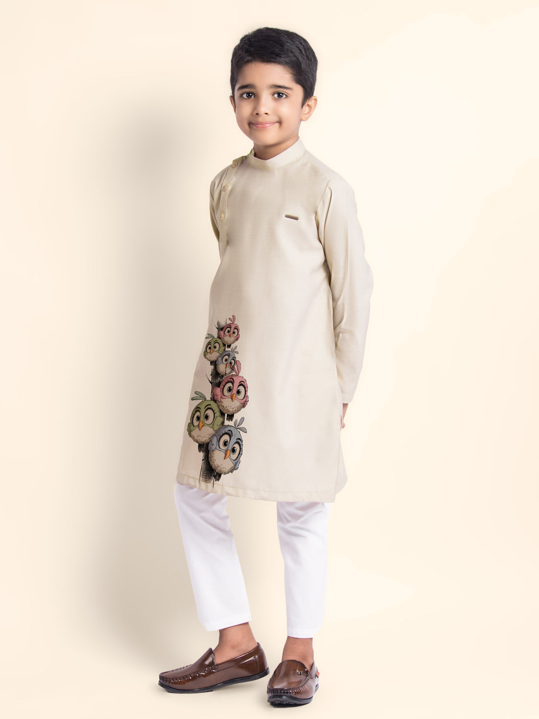 Boys Beige Printed Kurta With Pyjama