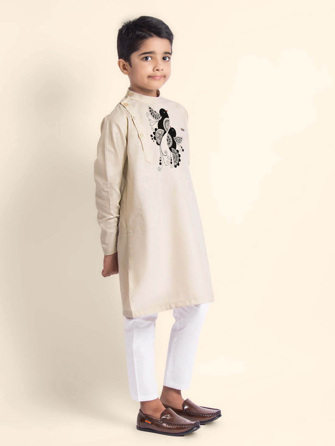 Boys Beige Printed Kurta With Pyjama